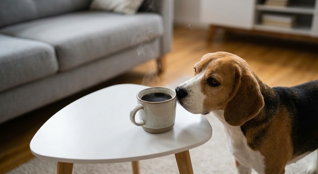 A small beagle dog is sniffing a mug of coffee on a low table, which is dangerous due to caffeine toxicity.