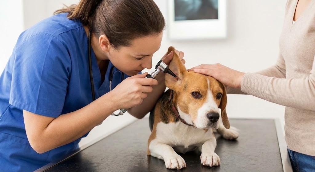 A veterinarian examining a beagle's ear, which is important as ear infections are often linked to underlying skin issues.