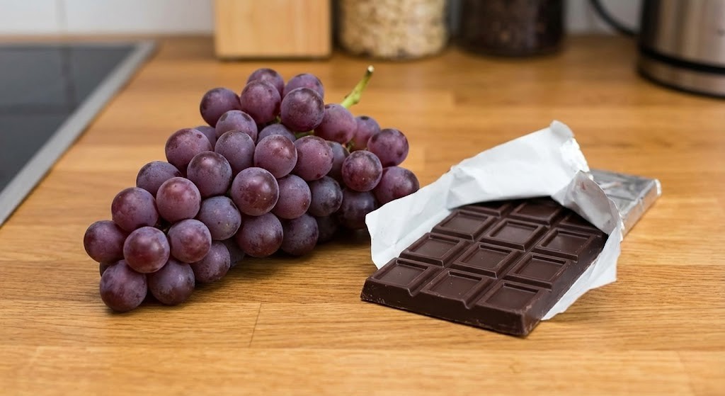 A close-up photograph of a bunch of purple grapes and a bar of dark chocolate sitting on a kitchen counter, both are common foods poisonous to dogs.